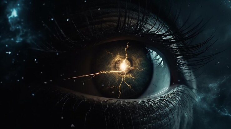 Un primer plano de un ojo con un cielo oscuro y nubes en el fondo generativo ai