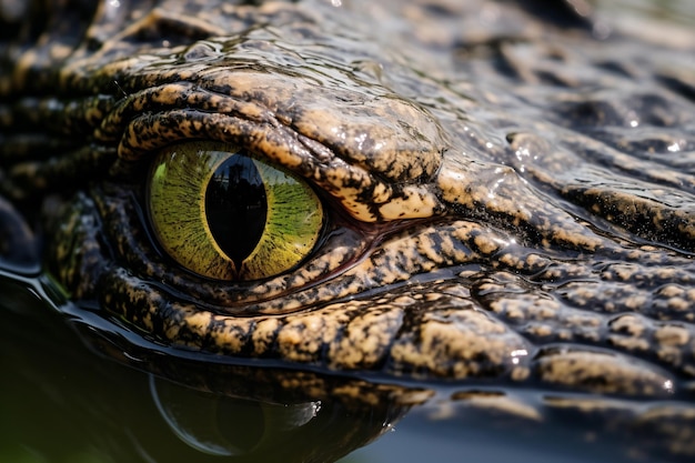 un primer plano del ojo de un cocodrilo con agua