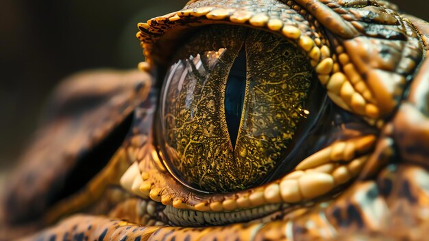 Un primer plano del ojo de un cocodrilo que muestra las escamas y patrones intrincados de la piel de los reptiles