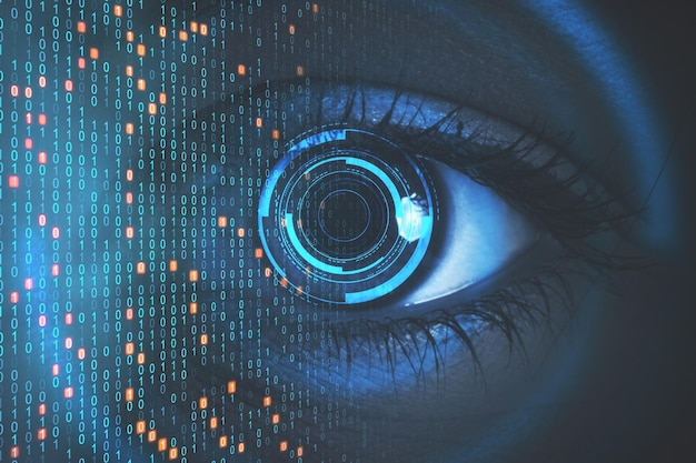 Un primer plano del ojo con código binario