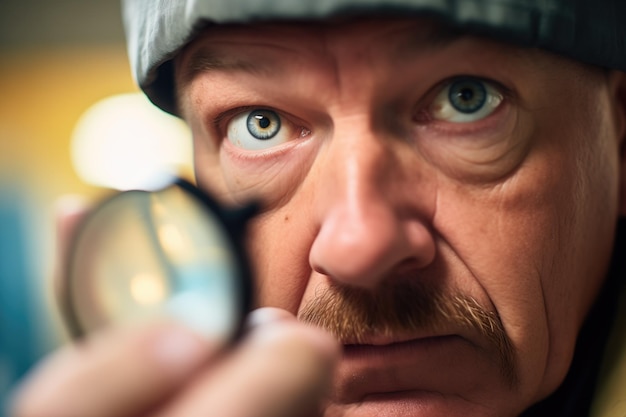 Un primer plano de un ojo de detective mirando a través de una lupa