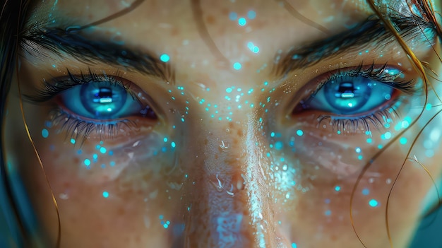 Primer plano del ojo digital de una mujer con red de puntos volando a través de la representación 3D