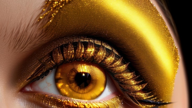 Un primer plano de un ojo dorado con pintura dorada y ojos dorados.