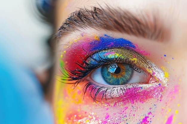 Un primer plano del ojo femenino con el colorido maquillaje del festival de Holi