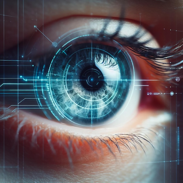 Un primer plano de un ojo femenino con un holograma digital una interfaz cibernética futurista implantada en los ojos