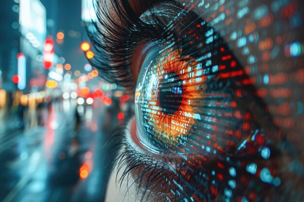 Primer plano de un ojo femenino que refleja patrones de datos digitales abstractos