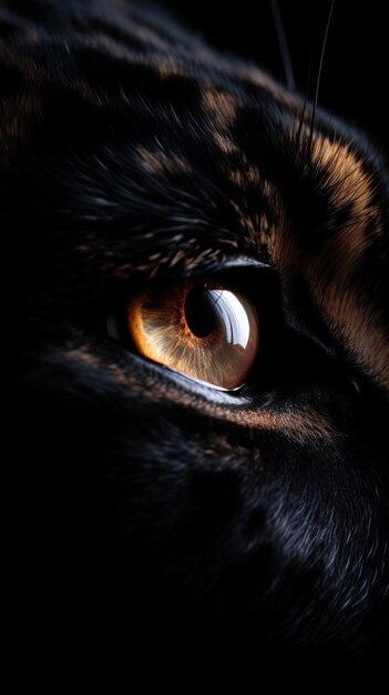 un primer plano de un ojo de gato con un fondo negro