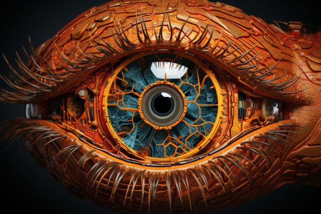 Primer plano del ojo humano con intrigante iris azul de estilo steampunk para un concepto retro futurista