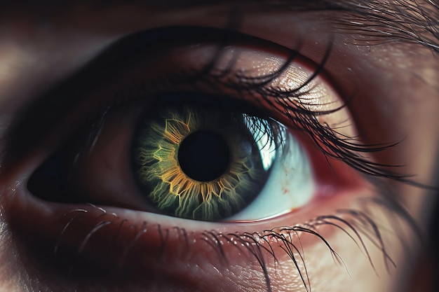 Primer plano del ojo humano con iris amarillo