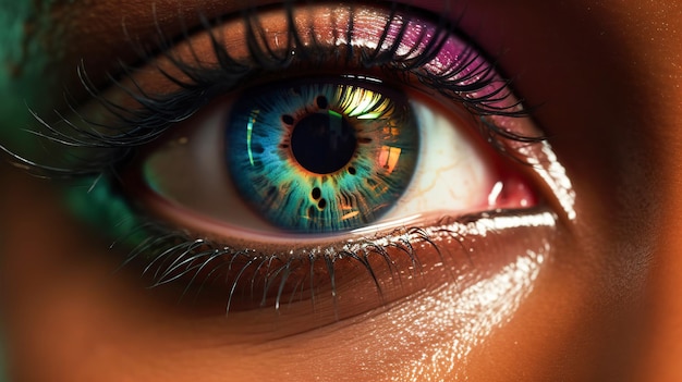 Primer plano de un ojo humano con un iris azul y amarillo rodeado de coloridas sombras de ojos y pestañas largas la piel tiene un tono cálido y oscuro