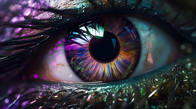 Un primer plano de un ojo humano con luz de colores que se refleja en la lente.