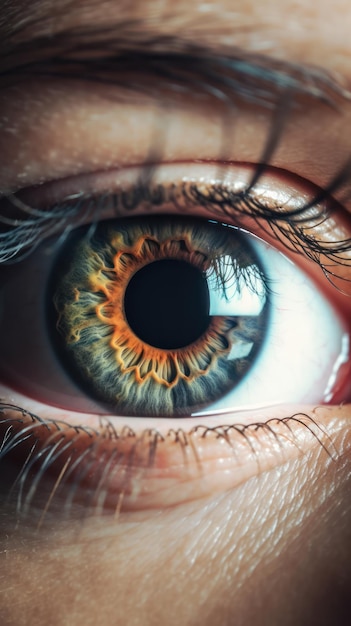 Primer plano del ojo humano macro colores verdes vivos de oftalmología de iris y pupila y salud ocular