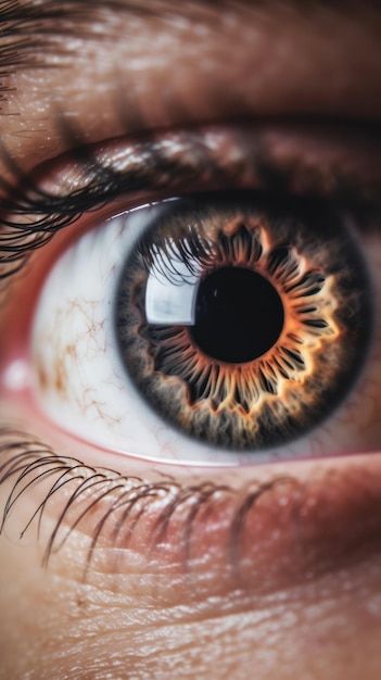 Primer plano de ojo humano marrón iris y pupila imagen vertical oftalmología y salud ocular