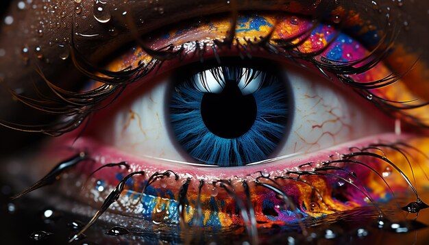 Foto primer plano de un ojo humano mirando a la cámara, vibrante y colorido generado por ia