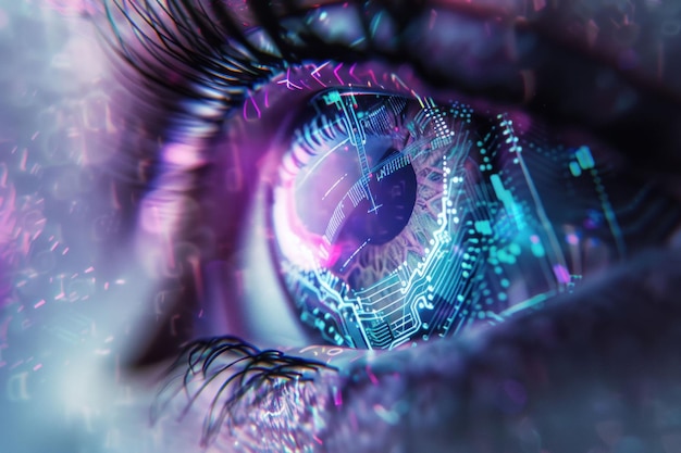 Un primer plano de un ojo humano con un patrón de circuito digital que se refleja en el iris que muestra temas de tecnología e innovación