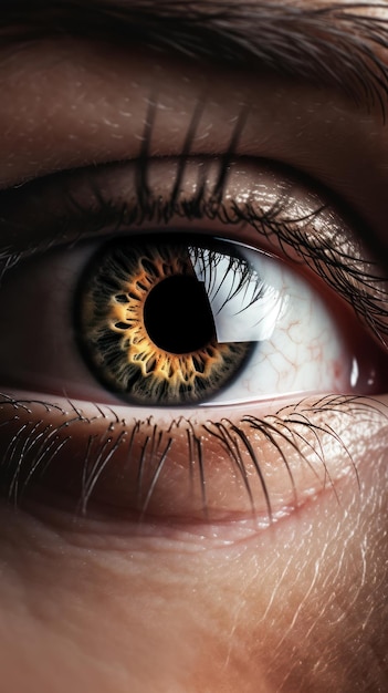 Primer plano del ojo humano con pestañas color dorado del iris y pupila oftalmología y salud ocular