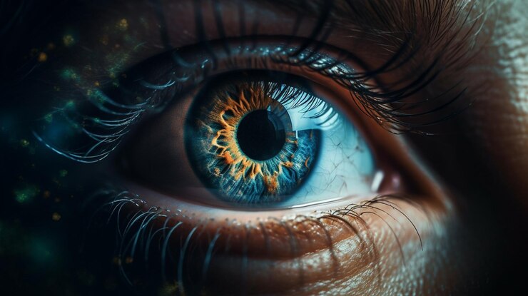 Primer plano del ojo humano con planetas en el espacio generativo ai