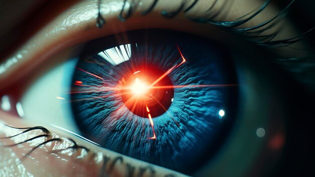 Primer plano de un ojo humano con rayos de luz roja que simbolizan la visión futurista o la cirugía ocular con láser