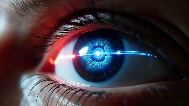 Primer plano de un ojo humano con rayos de luz roja que simbolizan la visión futurista o la cirugía ocular con láser