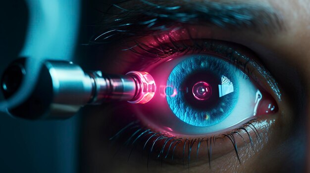 Un primer plano de un ojo humano recibiendo un tratamiento con láser futurista