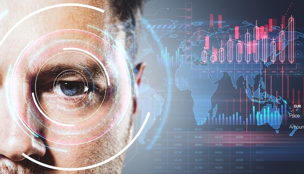 Primer plano de un ojo humano con una superposición de interfaz digital futurista y gráficos globales del mercado de valores
