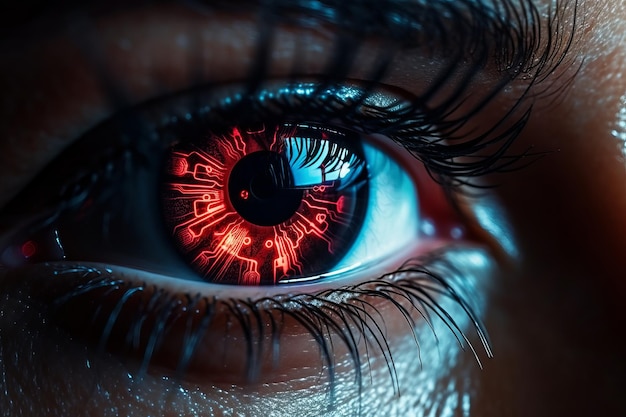 Primer plano de un ojo con inteligencia artificial en la retina Tecnologías futuras para reconocer el entorno a través del escaneo con IA incorporada en los ojos