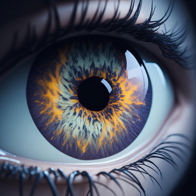 Un primer plano de un ojo con un iris azul y la palabra en el lado izquierdo