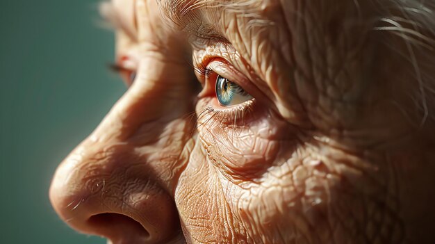 Primer plano del ojo de una mujer anciana. La mujer tiene arrugas y manchas de la edad en la cara.