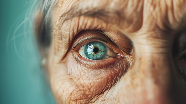Foto un primer plano del ojo de una mujer anciana el ojo es de color azul profundo con un matiz verde la piel alrededor del ojo está arrugada y arrugada