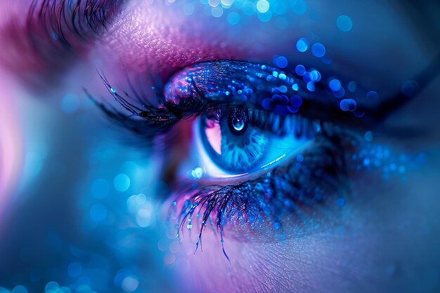 un primer plano de un ojo de mujer con brillo azul alrededor de su ojo