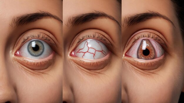 Foto primer plano del ojo de una mujer con distrofia corneal de queratocono en etapa 3