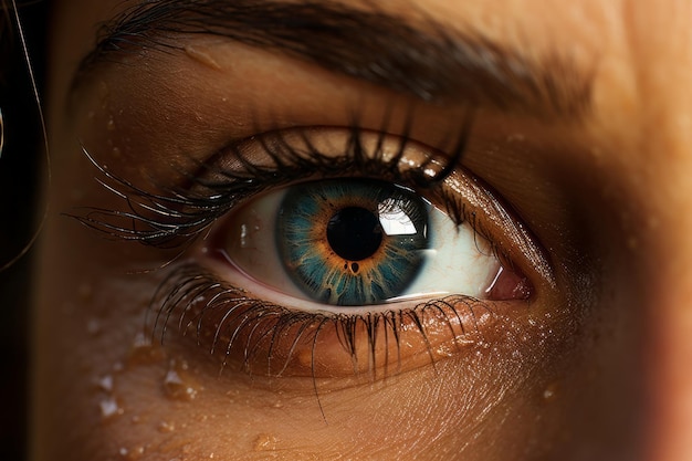 un primer plano de un ojo de mujer con gotas de agua sobre él