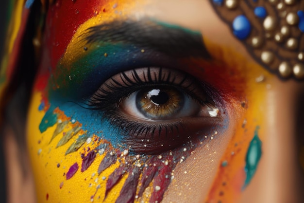 Primer plano de un ojo de mujer con maquillaje colorido Holi Concept Generation AI