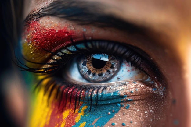 Primer plano de un ojo de mujer con maquillaje colorido Holi Concept Generation AI