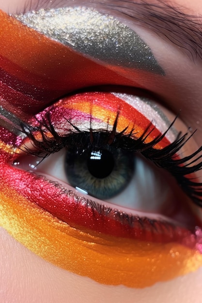 Un primer plano del ojo de una mujer con un maquillaje de ojos rojo y naranja brillante.