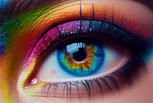 Un primer plano del ojo de una mujer con un ojo de color arcoiris.