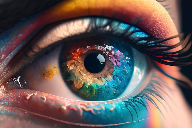 Un primer plano del ojo de una mujer con ojos de colores del arco iris