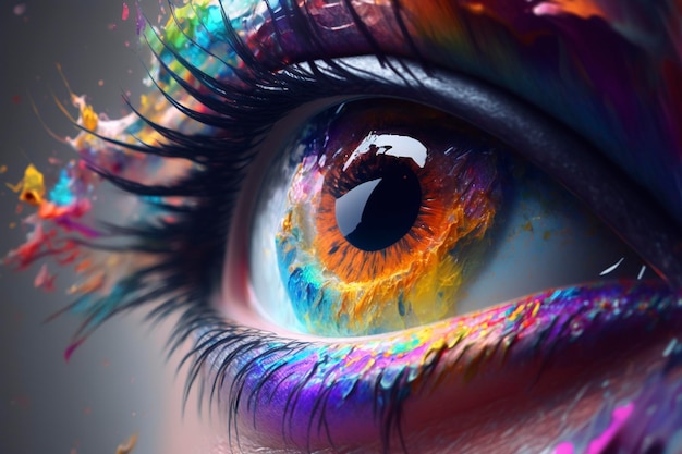 Un primer plano del ojo de una mujer con ojos de colores del arco iris