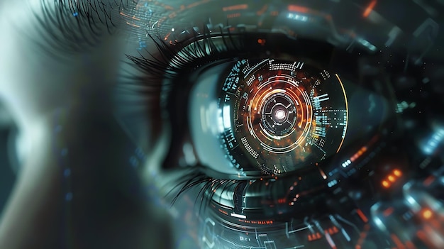 Foto un primer plano del ojo de una mujer con un patrón de placa de circuito en el iris el ojo está mirando al espectador