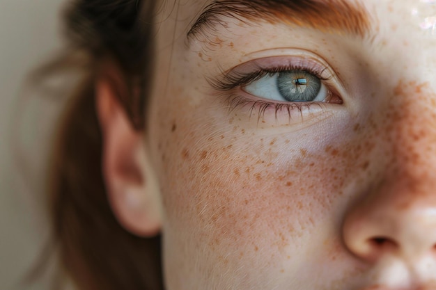 Primer plano de un ojo de mujer con pecas y piel texturizada