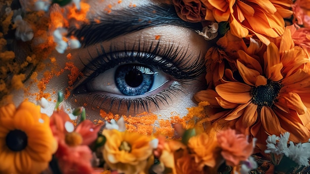 Un primer plano del ojo de una mujer rodeado de flores imagen ai generativa