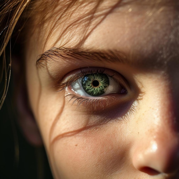 un primer plano del ojo de un niño con un ojo verde.