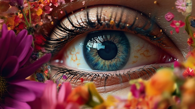 Un primer plano del ojo de una persona con flores a su alrededor imagen ai generativa