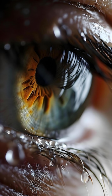 un primer plano de un ojo de una persona con gotas de agua en él