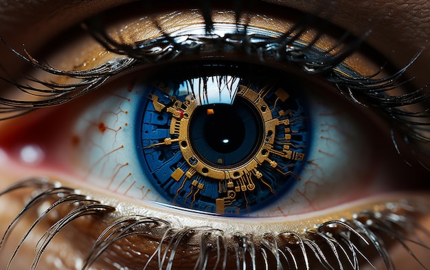 Un primer plano del ojo de una persona con un reloj en el iris