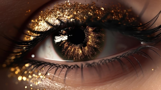 Un primer plano de un ojo con purpurina dorada