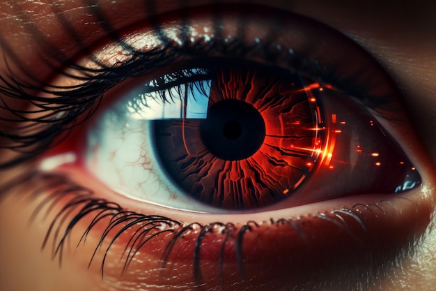 Primer plano de un ojo con una retina artificial tecnologías futuras para el reconocimiento del entorno