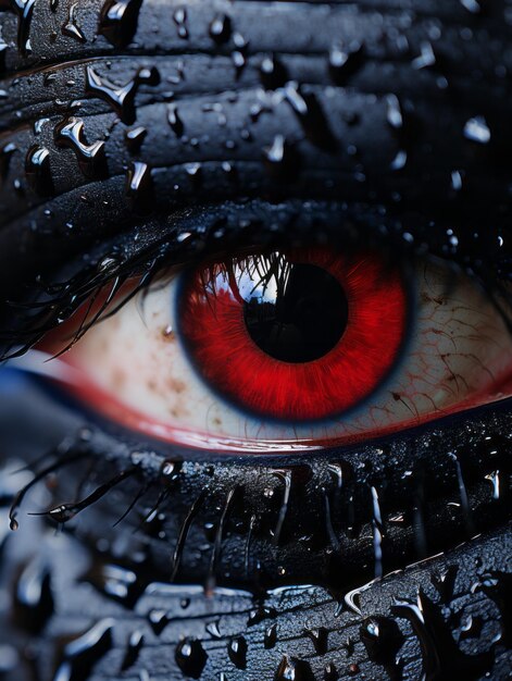 Foto un primer plano de un ojo rojo con gotas de agua en él