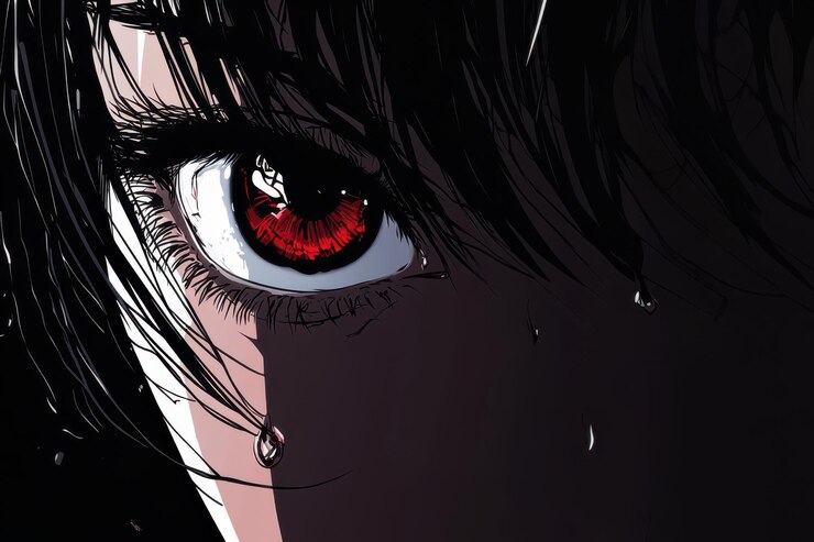 Primer plano de un ojo rojo intenso de una mujer que expresa ira y determinación enmarcado por el cabello oscuro