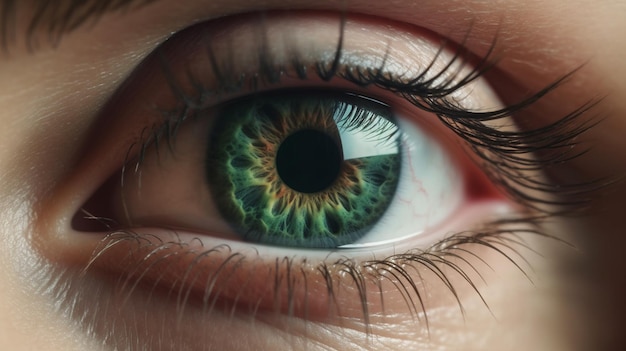 Foto un primer plano de un ojo verde con un ojo azul y una pupila generativa verde